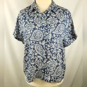 Sigrid Olsen 100% Linen Blue Floral Print Button Front Shirt Size Large